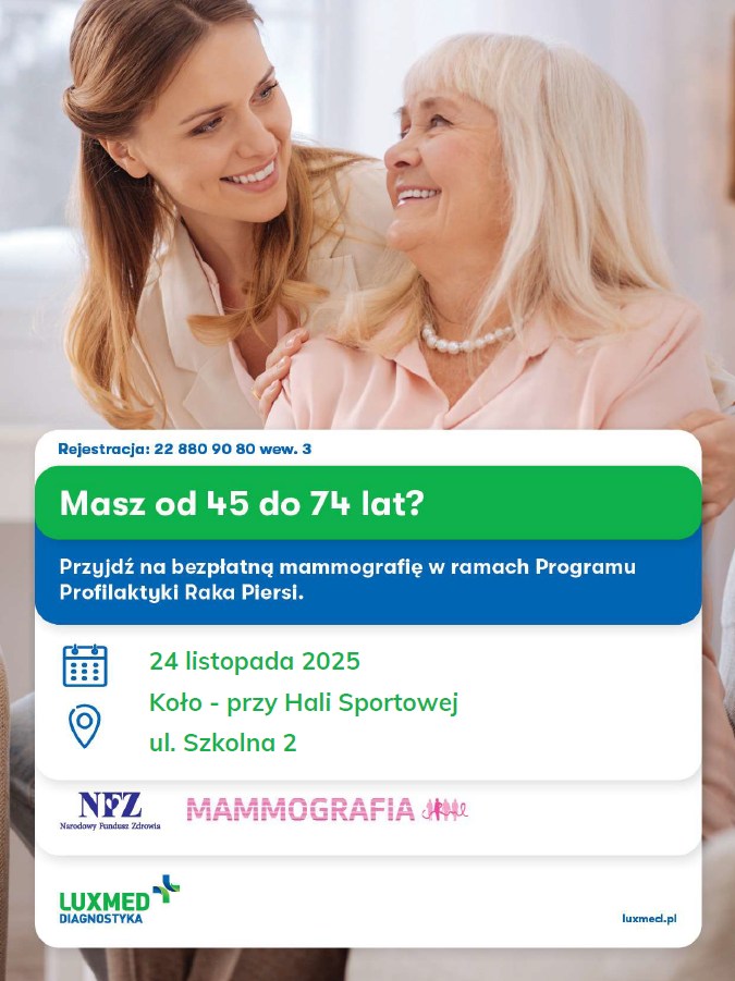 Plakat Zbadaj się i zyskaj spokój! Bezpłatna mammografia! Na plakacie widać dwie uśmiechnięte kobiety, jedna w średnim, druga w starszym wieku. Młodsza kobieta obejmuje starszą kobietę.