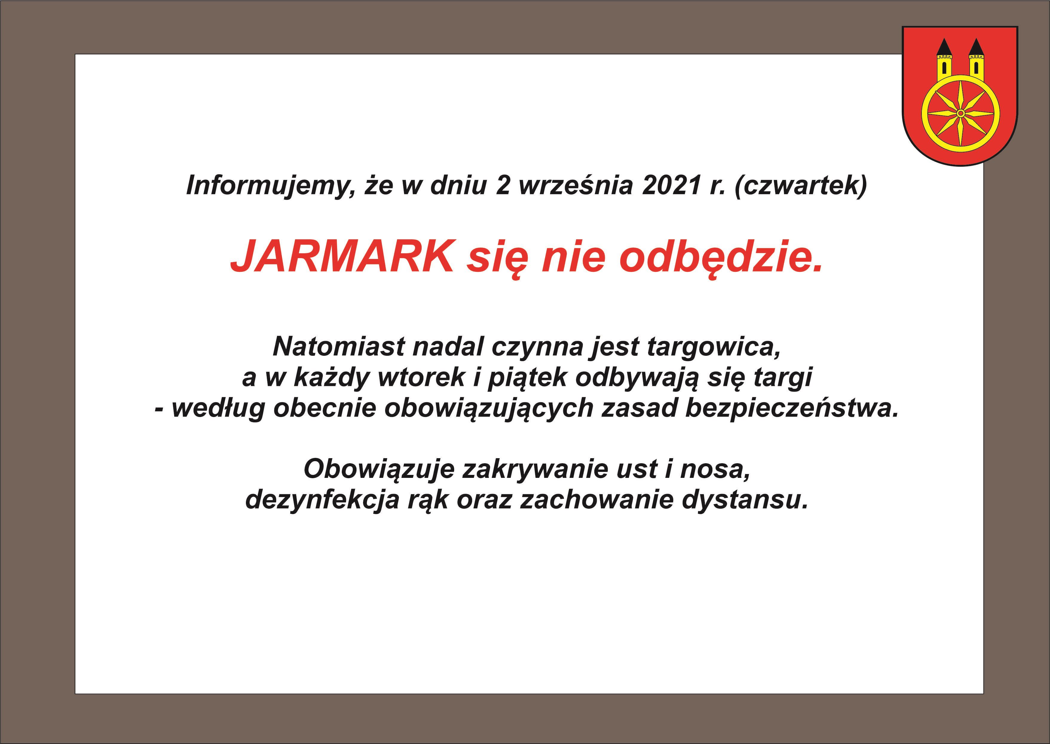 Plansza informująca, że 2 września 2021 r. (czwartek) jarmark się nie odbędzie.