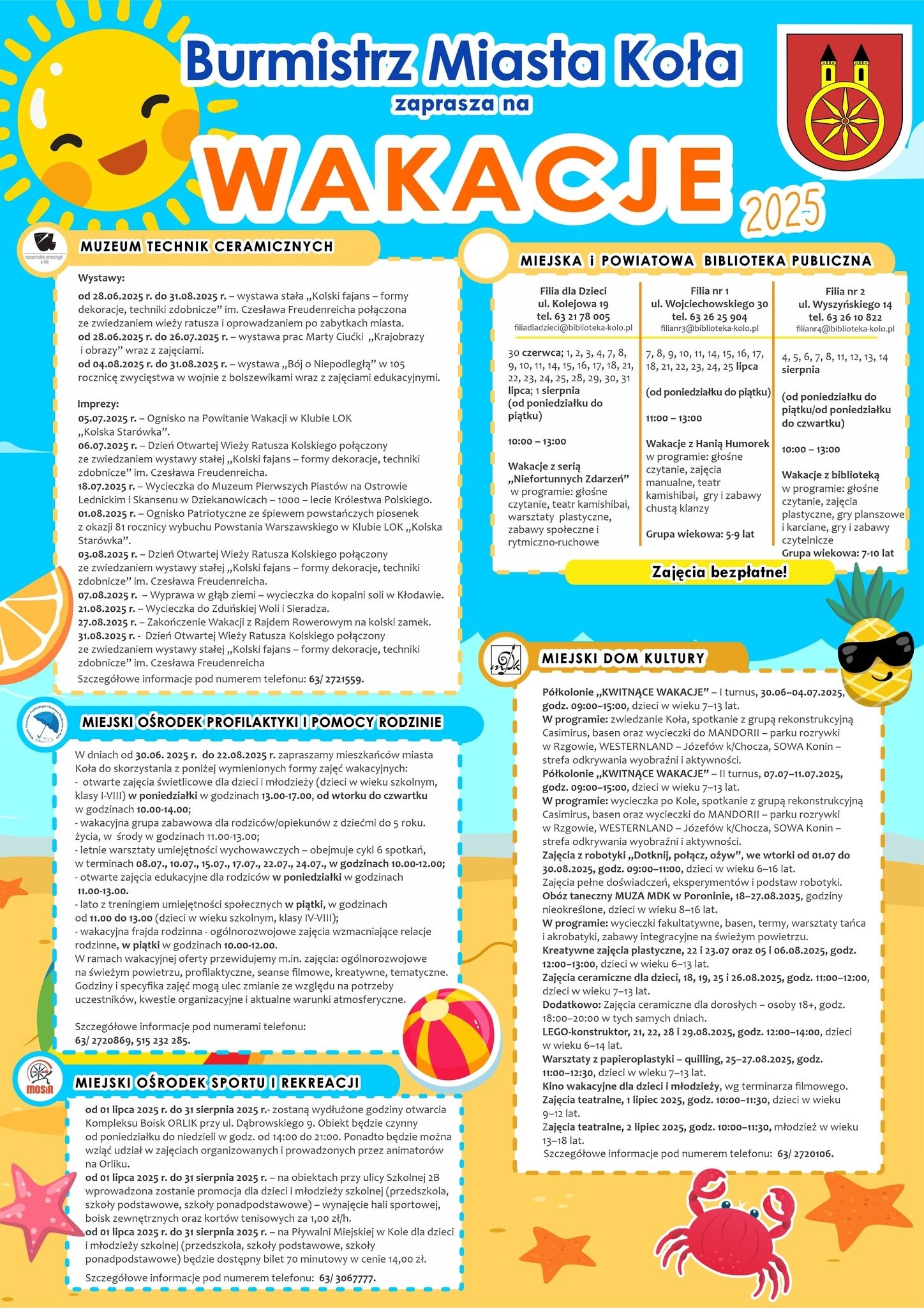Plakat Wakacje w mieście 2025 - co, gdzie, kiedy w Kole, tekst pod plakatem.
