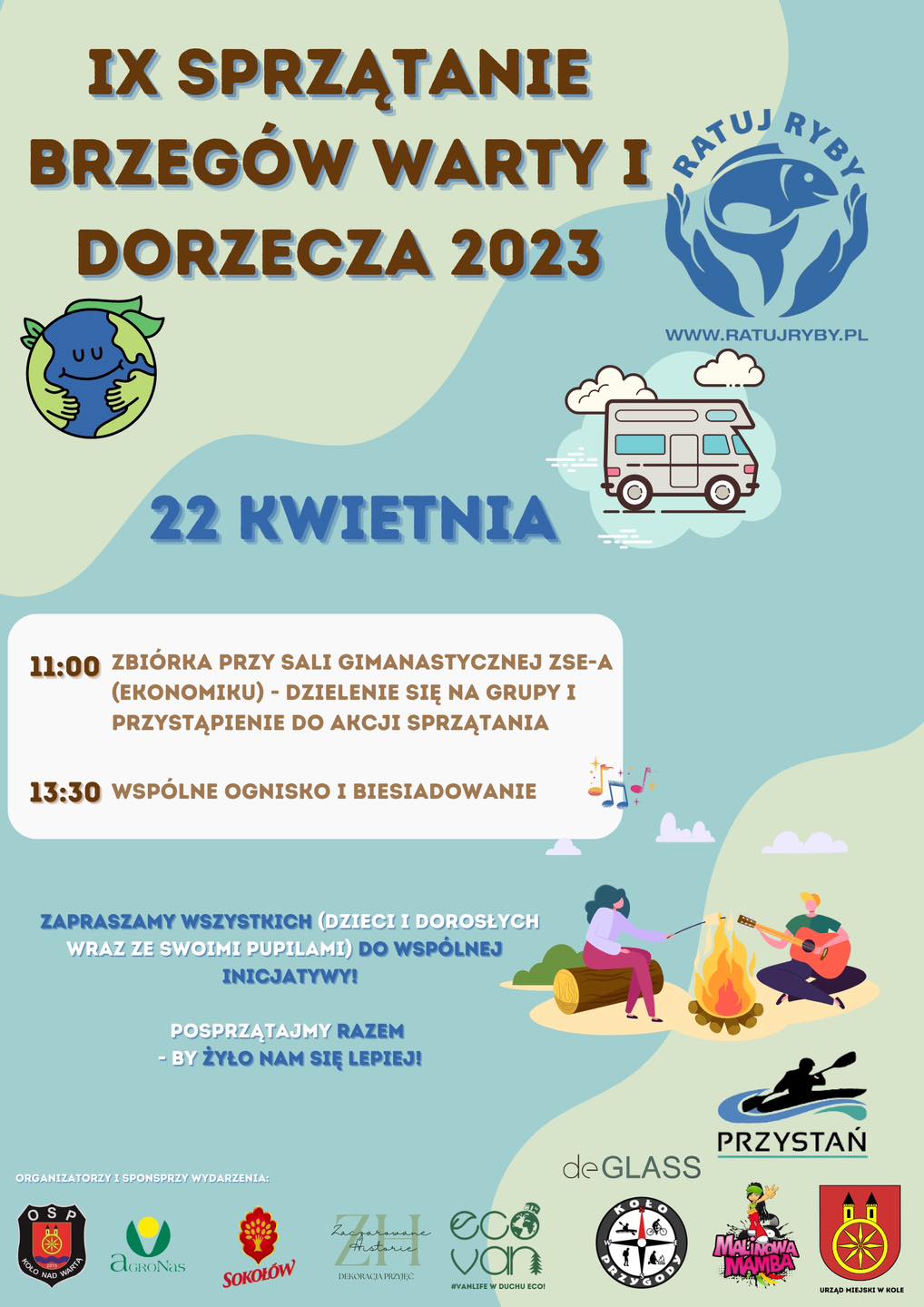 Plakat akcji IX SPRZĄTANIE BRZEGÓW WARTY I DORZECZA 2023, tekst pod plakatem