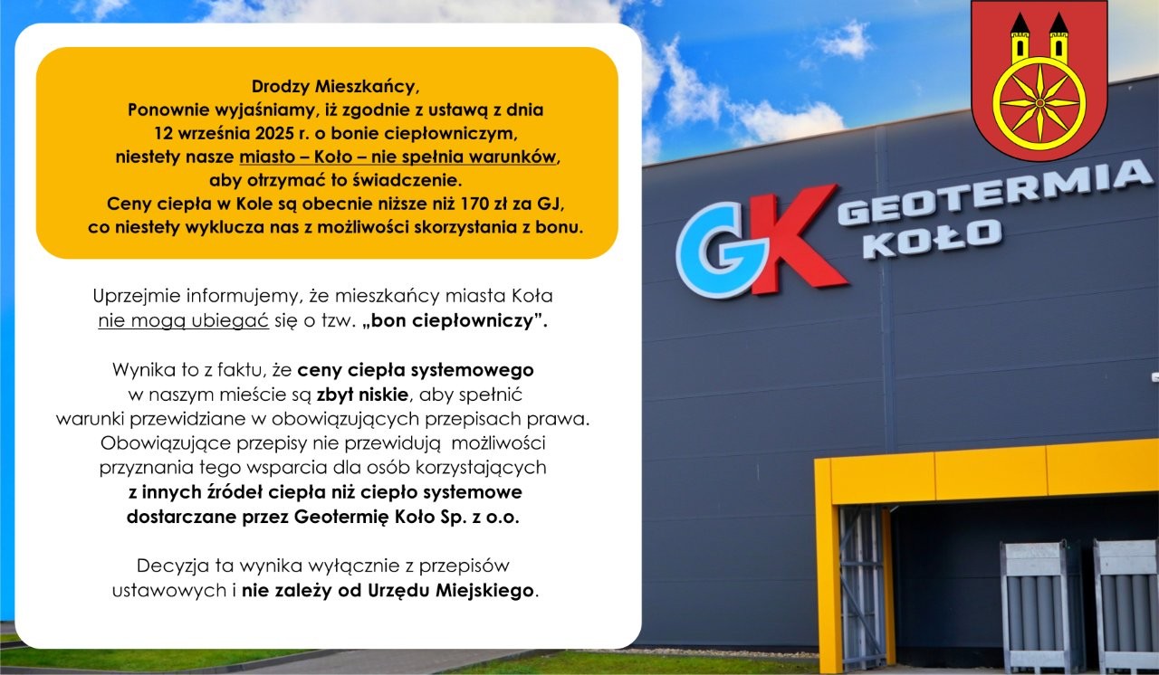 Grafika informująca mieszkańców o tzw. bonie ciepłowniczym. Z lewej strony tekst informacji, z prawej zdjęcie budynku Geotermii Koło,