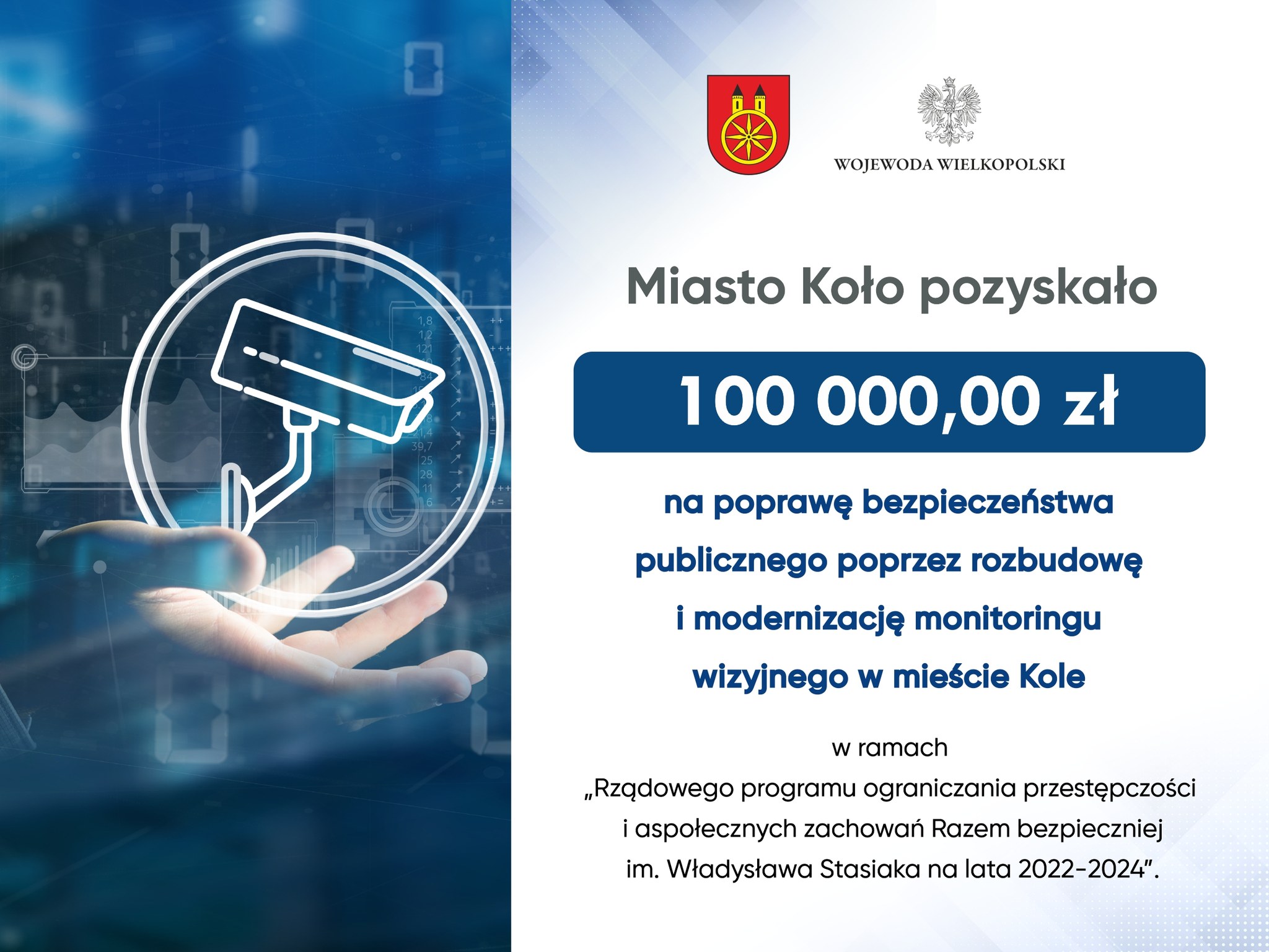 Infografika z informacją: Miasto Koło pozyskało 100.000,00 zł na rozbudowę monitoringu miejskiego