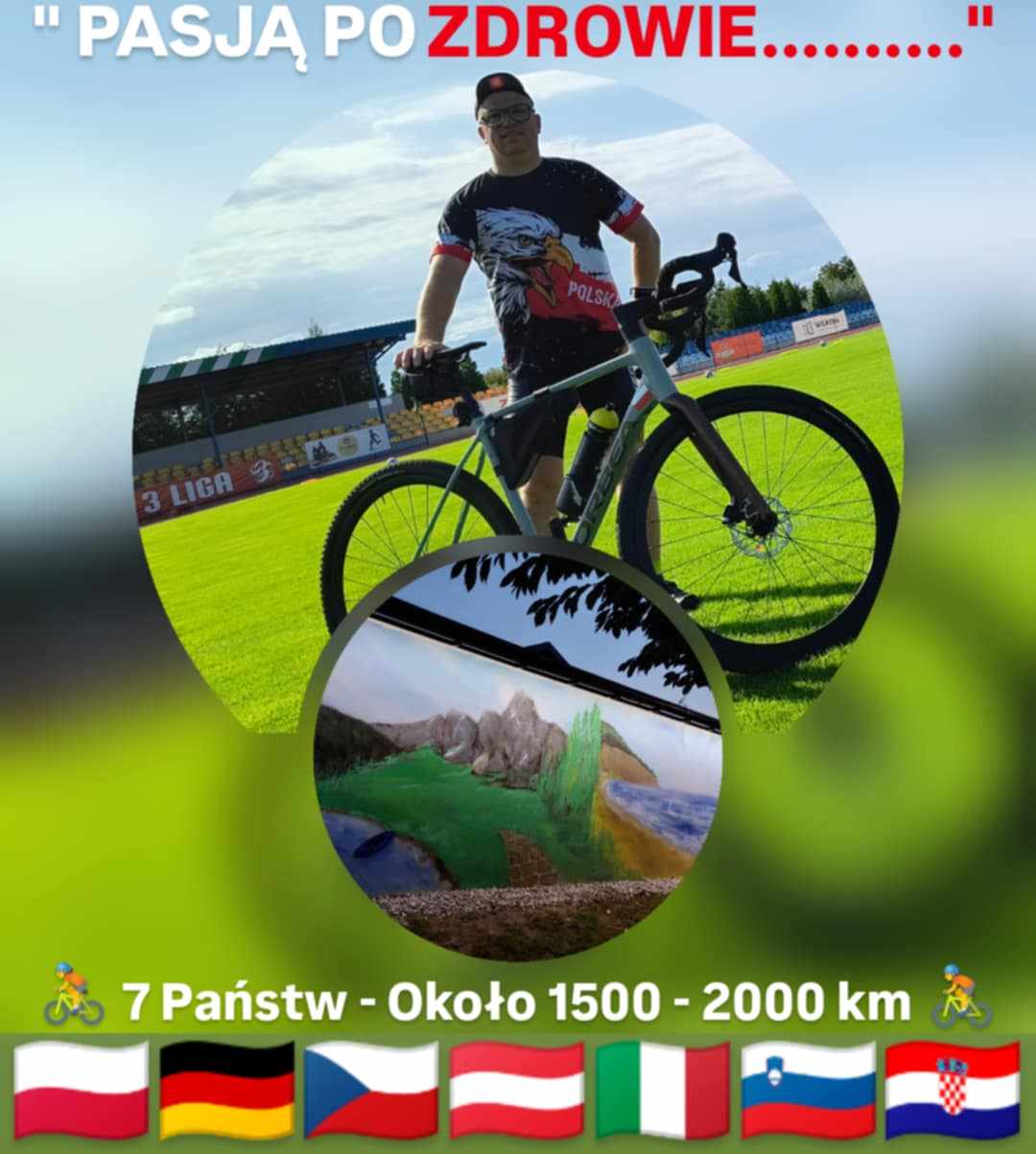 Grafika przedstawia rowerzystę na stadionie oraz krajobraz. Zawiera hasło Z PASJĄ PO ZDROWIE”i informację o trasie rowerowej przez 7 państw (Polska, Niemcy, Czechy, Austria, Włochy, Słowenia, Chorwacja) o długości 1500-2000 km.