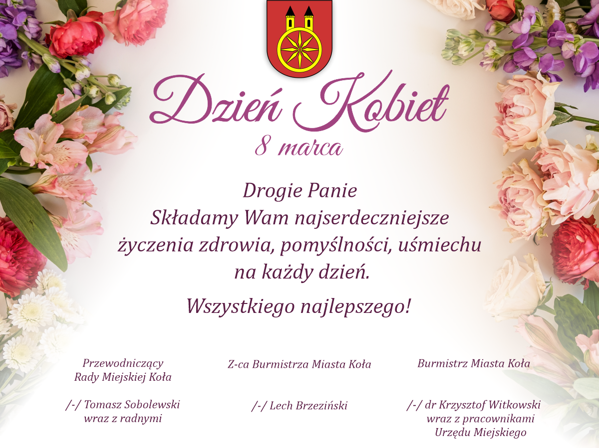 Plansza z napisem 8 MARCA DZIEŃ KOBIET, tekst życzeń pod planszą.