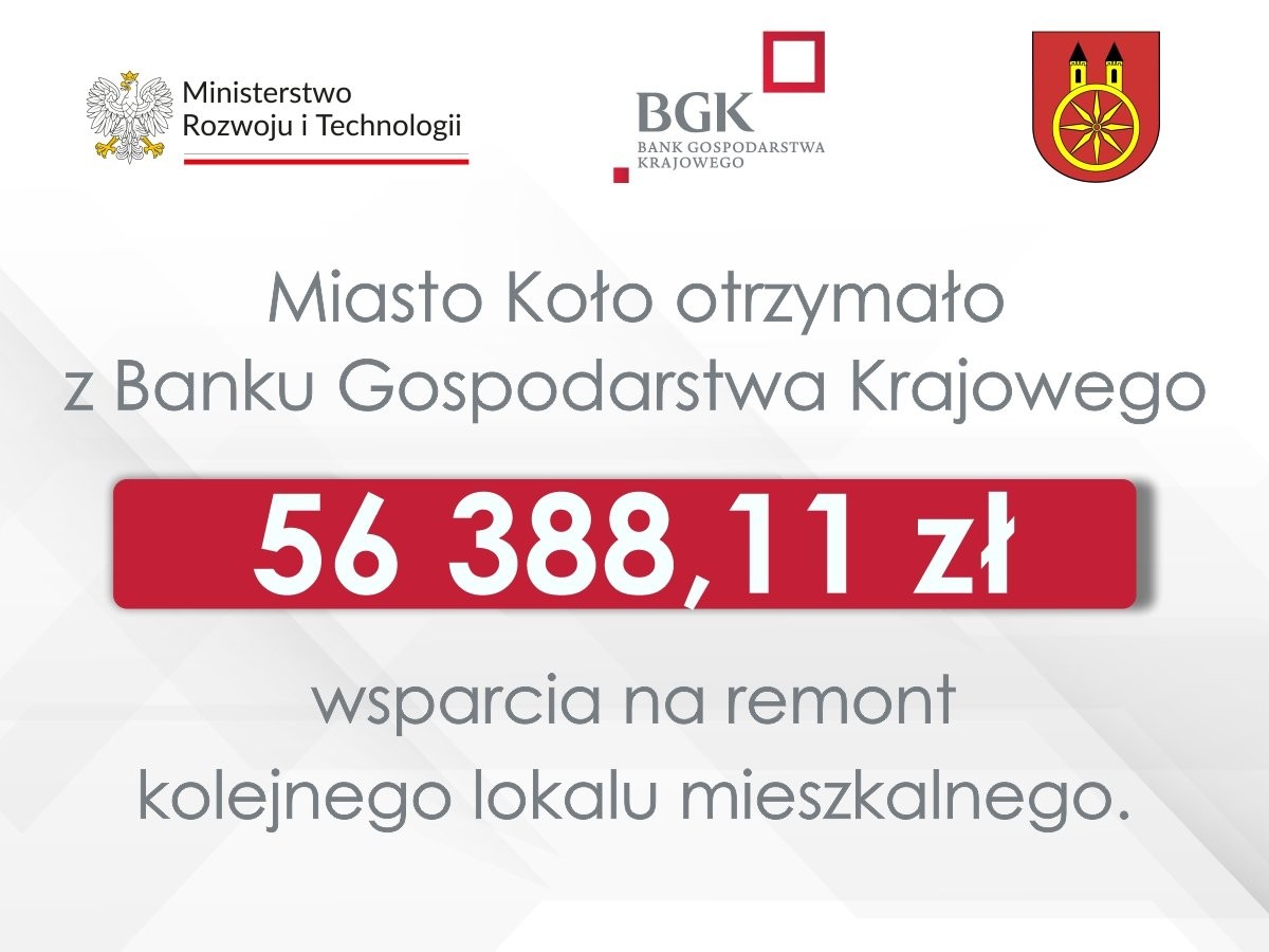 Na zdjęciu jest informacja, że miasto Koło otrzymało 56 388,11 zł z Banku Gospodarstwa Krajowego na remont lokalu mieszkalnego.
