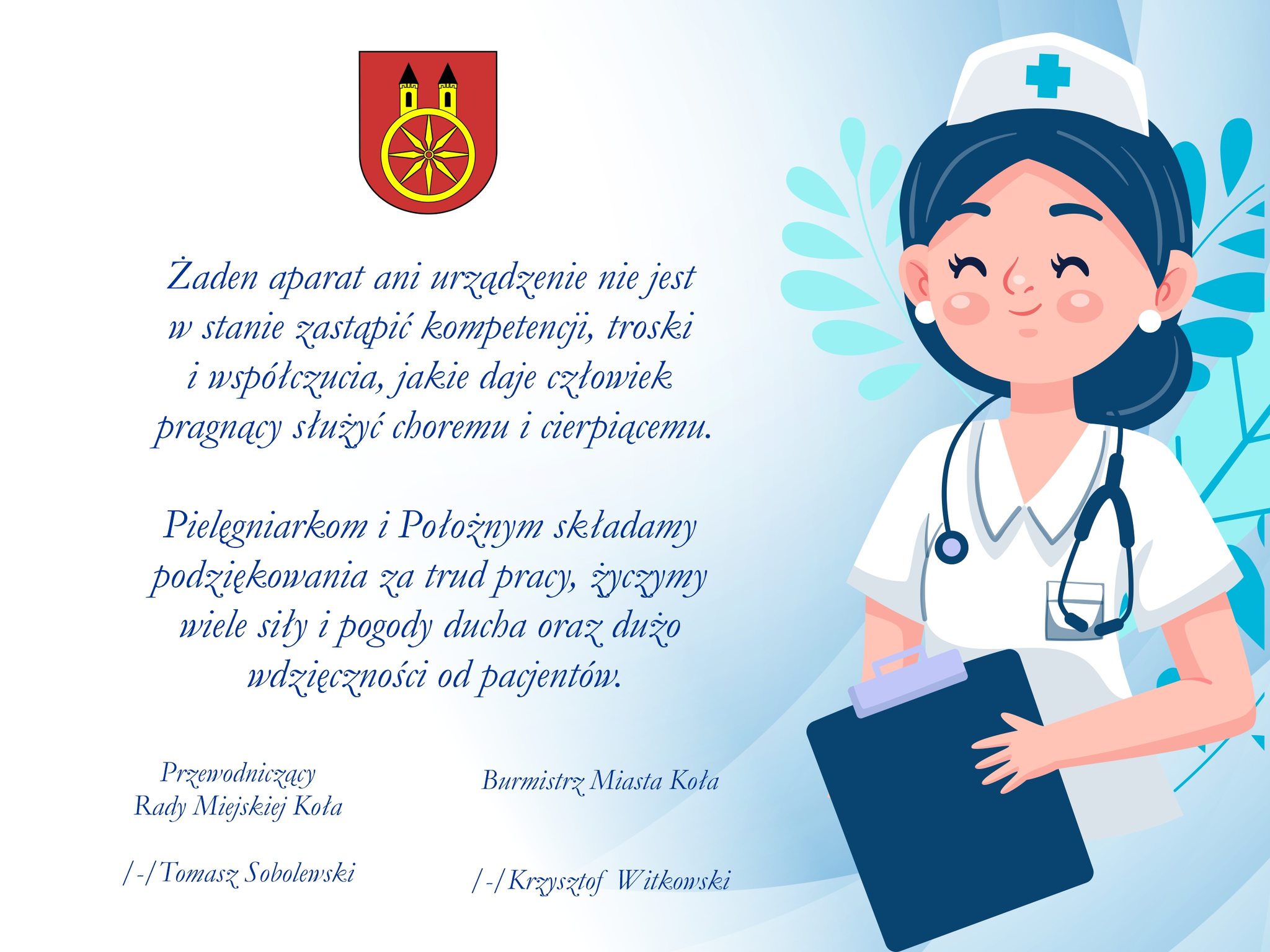 Plansza o Międzynarodowym Dniu Pielęgniarek i Położnych, tekst pod planszą.