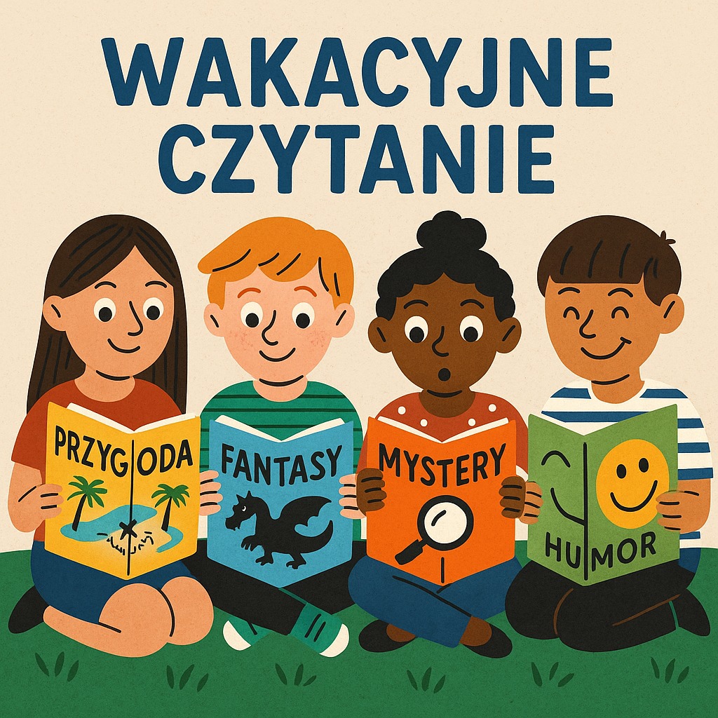 Na obrazku widać czworo uśmiechniętych dzieci siedzących na trawie i czytających książki. Nad nimi widnieje napis „WAKACYJNE CZYTANIE”. Każde dziecko trzyma książkę z innym gatunkiem: przygoda, fantasy, mystery (zagadki) i humor.
