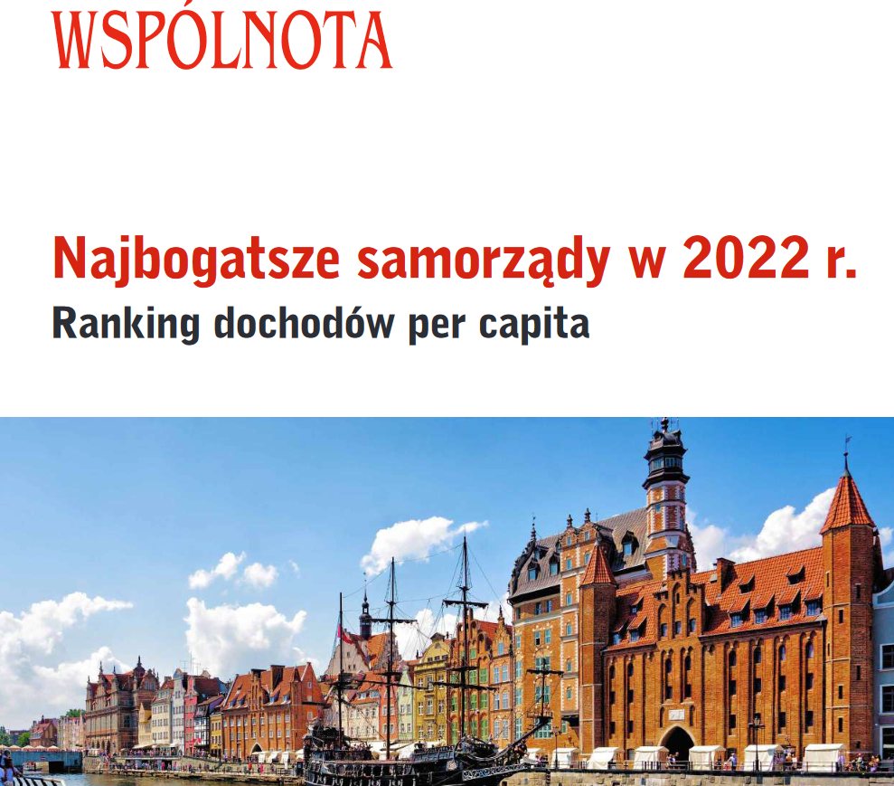 Grafika z napisem Wspólnota, najbogatsze samorządy w 2022 r., ranking dochodów per capita