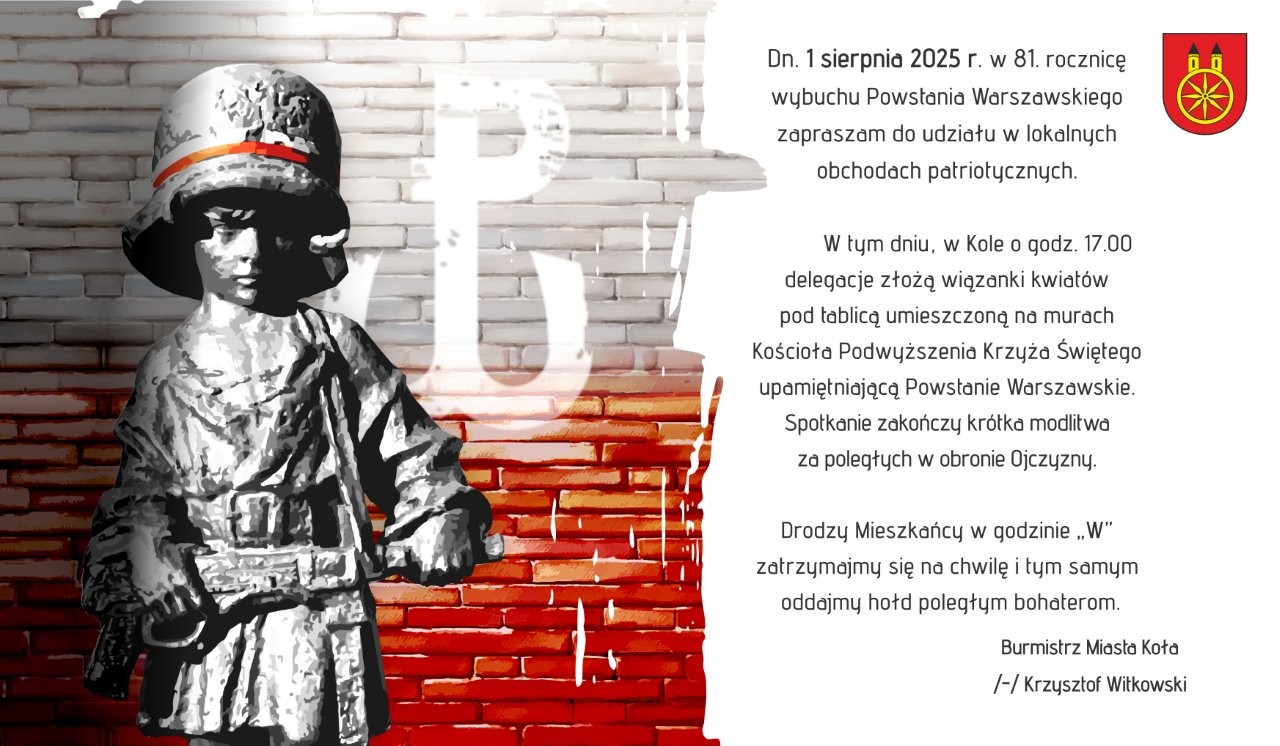 Zdjęcie upamiętniające 80. rocznicę wybuchu Powstania Warszawskiego, które miało miejsce 1 sierpnia 1944 roku. Na plakacie znajduje się grafika przedstawiająca pomnik Małego Powstańca, który jest symbolem młodych uczestników powstania.